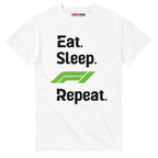 f111 merch white color t-shirt with eat-sleep-f1-repeat-green branding.