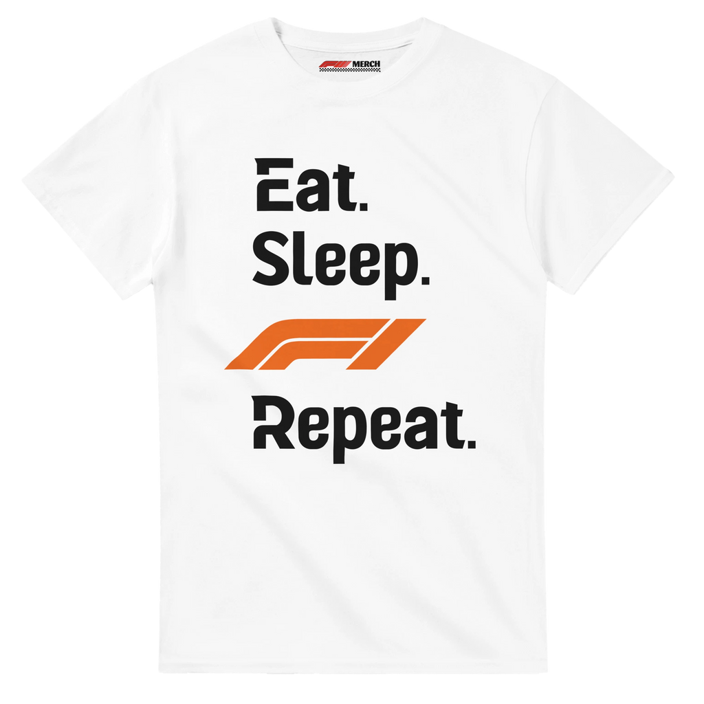 f111 merch white color t-shirt with eat-sleep-f1-repeat-orange branding.