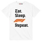f111 merch white color t-shirt with eat-sleep-f1-repeat-orange branding.