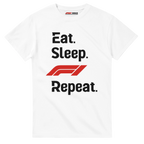 f111 merch white color t-shirt with eat-sleep-f1-repeat-red branding.