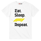 f111 merch white color t-shirt with eat-sleep-f1-repeat-yellow branding.