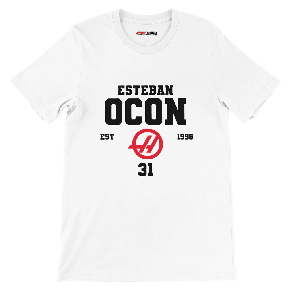 f111 merch white color t-shirt with esteban-ocon branding.