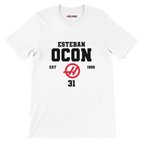 f111 merch white color t-shirt with esteban-ocon branding.