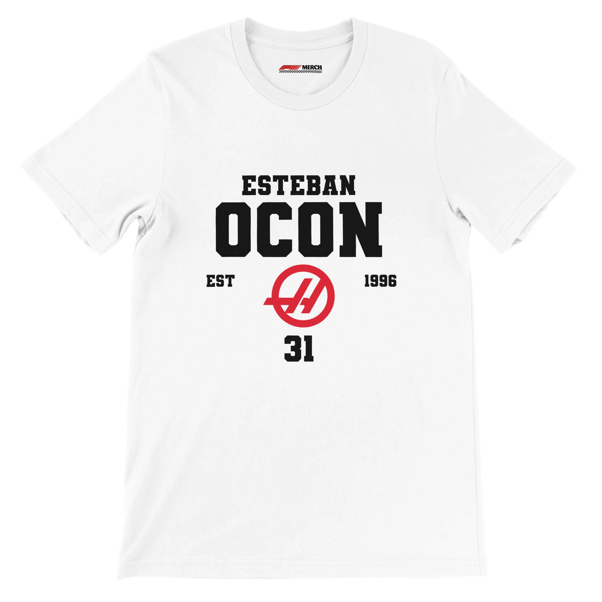 f111 merch white color t-shirt with esteban-ocon branding.