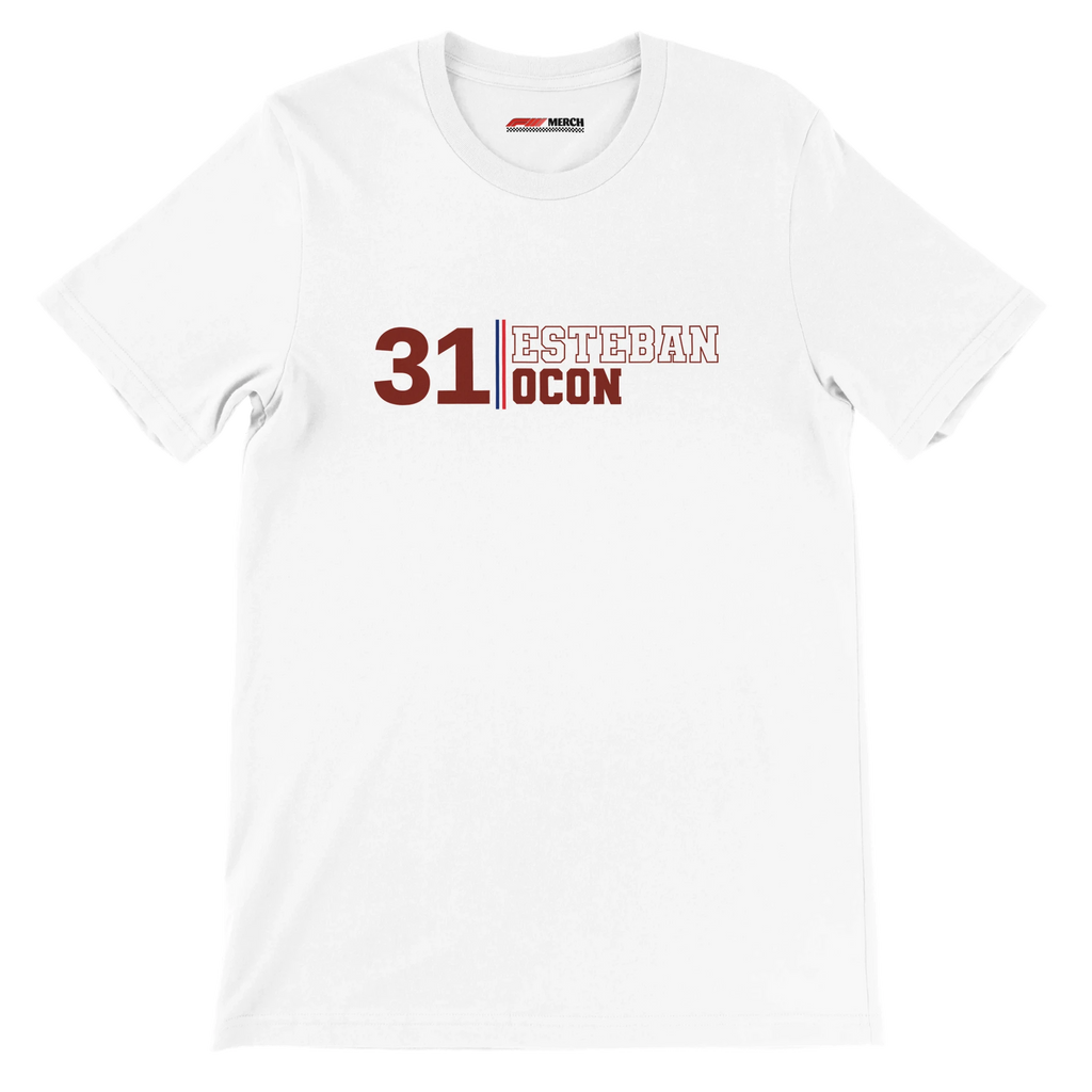 f111 merch white color t-shirt with esteban-ocon branding.