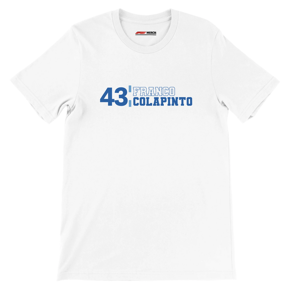 f111 merch white color t-shirt with franco-colapinto branding.