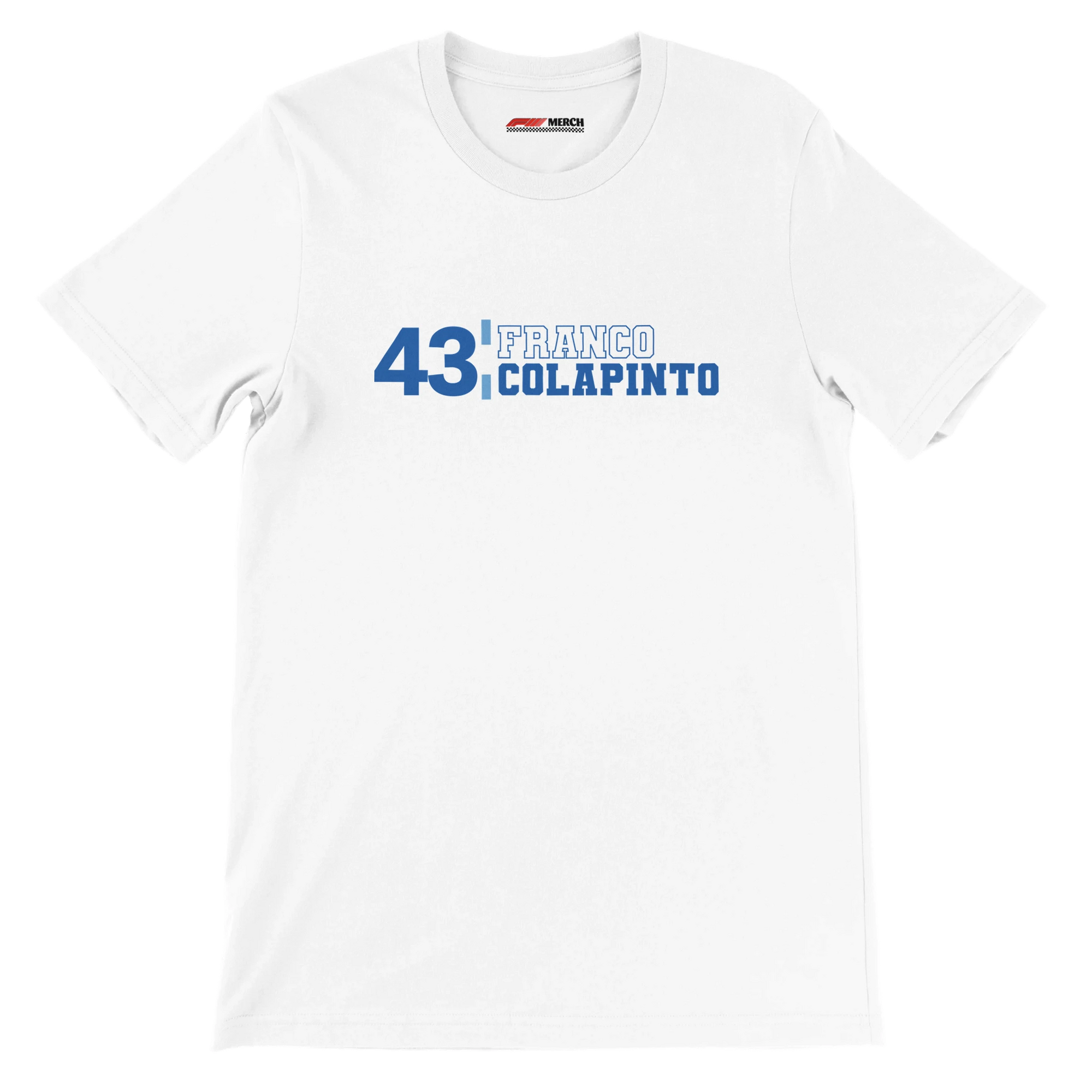 f111 merch white color t-shirt with franco-colapinto branding.