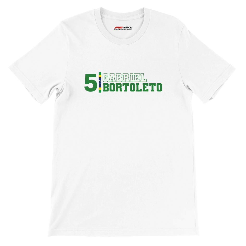 f111 merch white color t-shirt with gabriel-bortoleto branding.