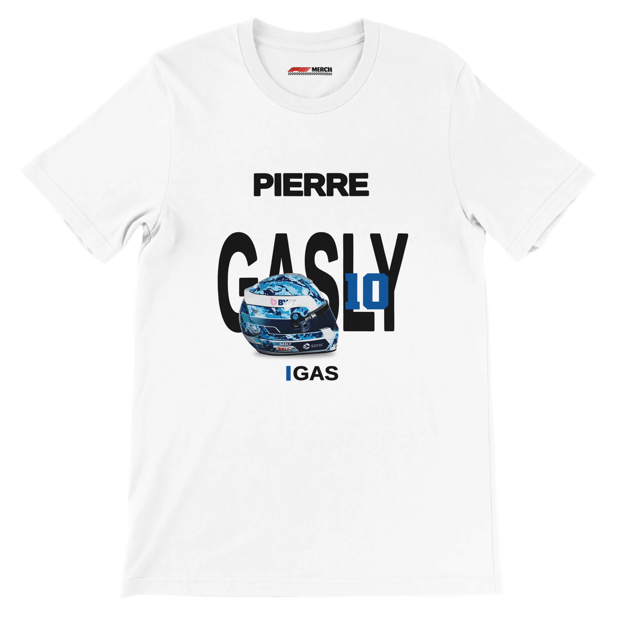 f111 merch white color t-shirt with gasly branding.