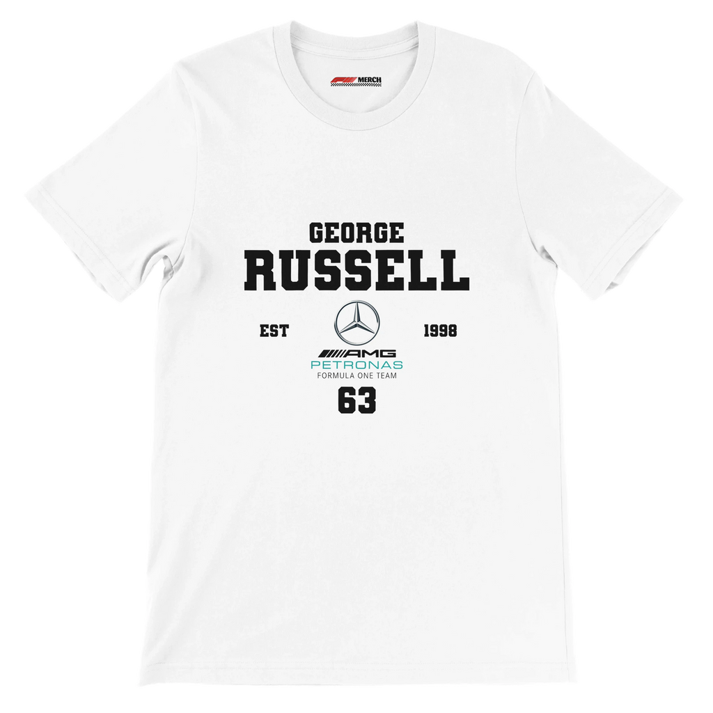 f111 merch white color t-shirt with george-russell branding.