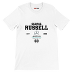 f111 merch white color t-shirt with george-russell branding.