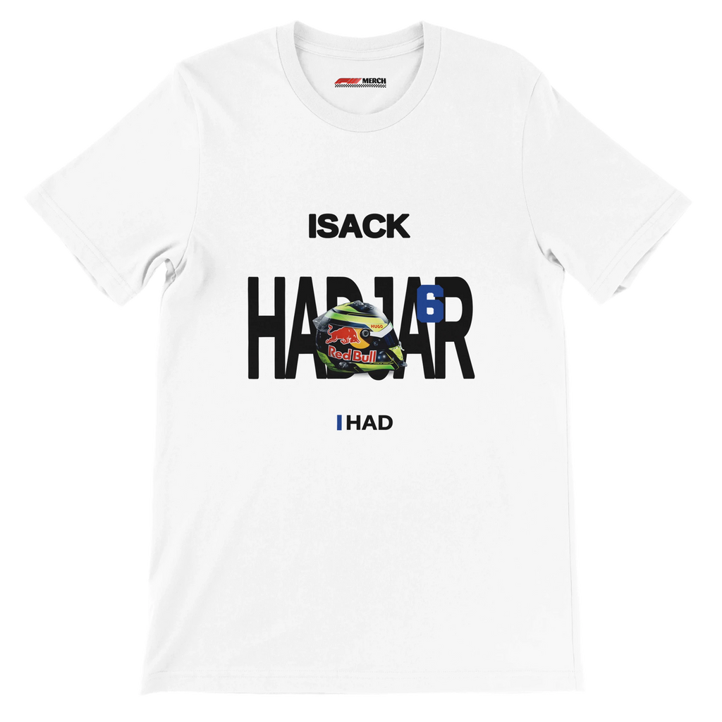 f111 merch white color t-shirt with hadjar branding.