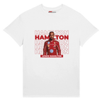 f111 merch white color t-shirt with hamilton branding.