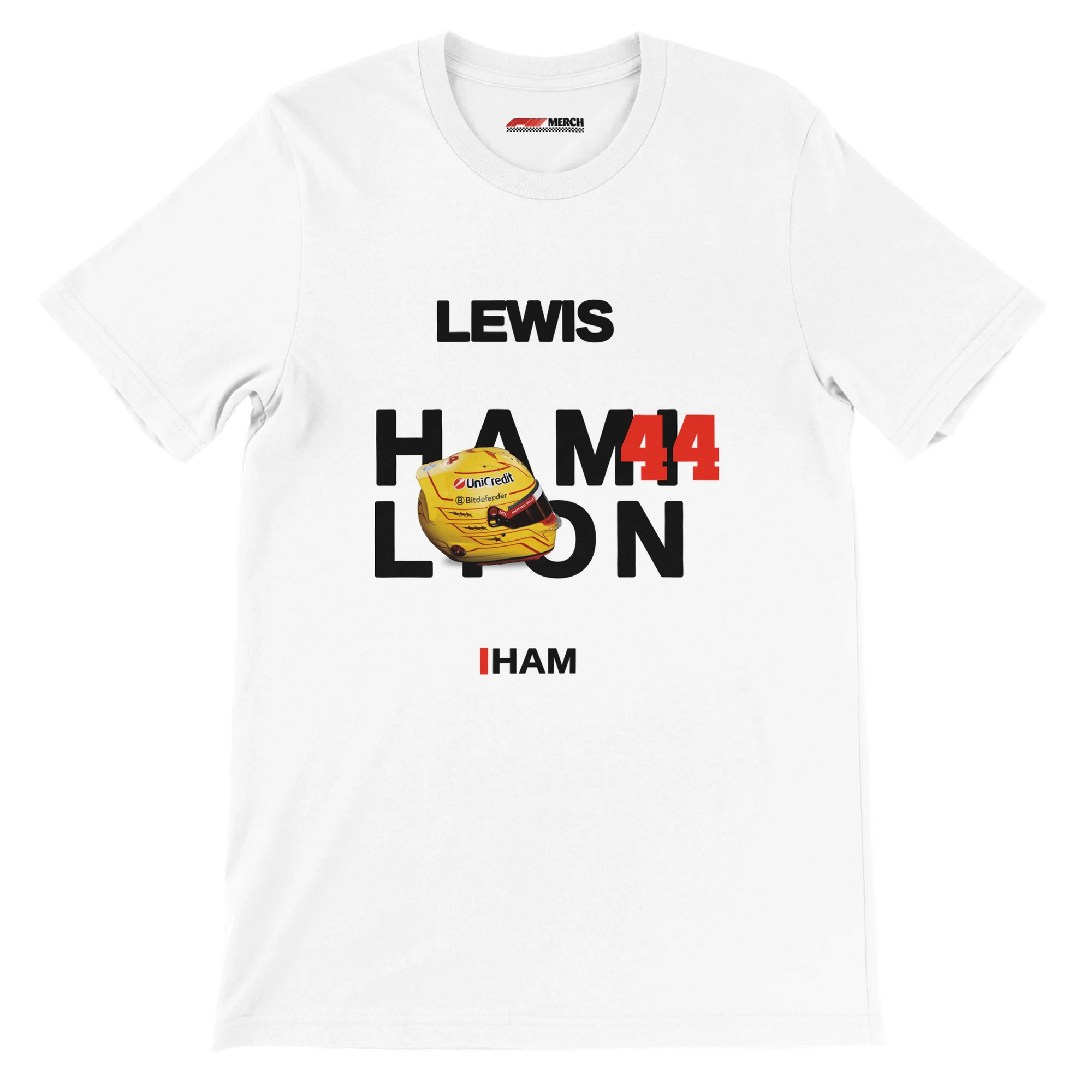 f111 merch white color t-shirt with hamilton branding.