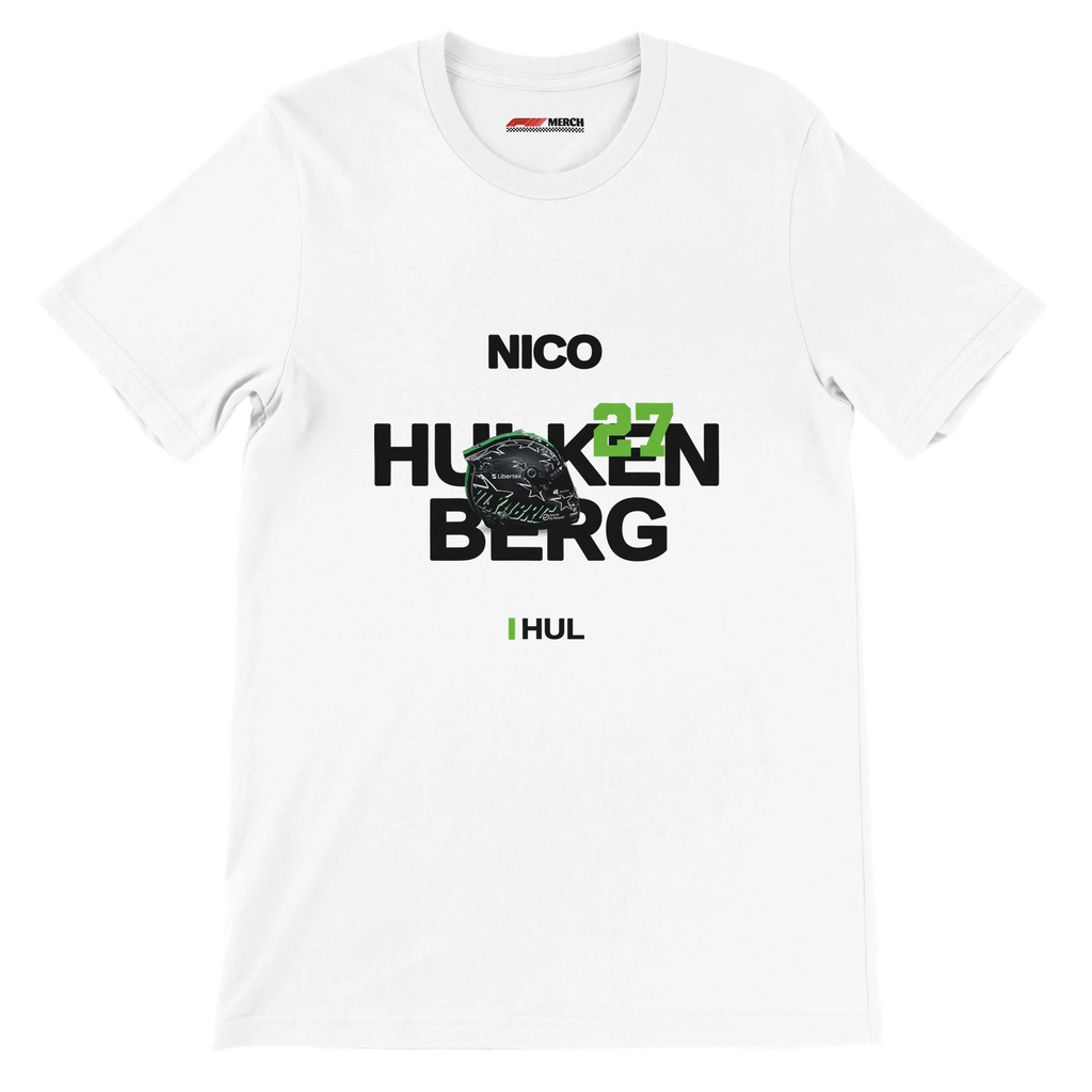 f111 merch white color t-shirt with hulkenberg branding.