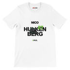 f111 merch white color t-shirt with hulkenberg branding.