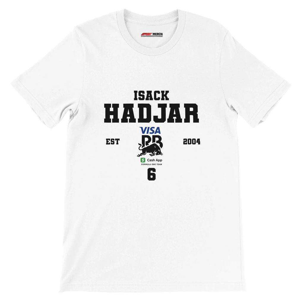 f111 merch white color t-shirt with isack-hadjar branding.