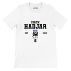 f111 merch white color t-shirt with isack-hadjar branding.