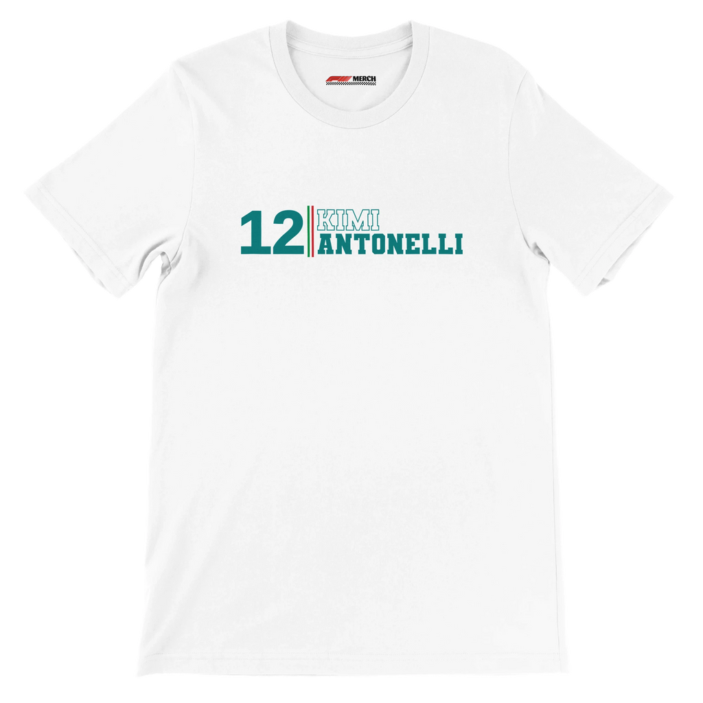 f111 merch white color t-shirt with kimi-antonelli branding.