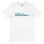 f111 merch white color t-shirt with kimi-antonelli branding.