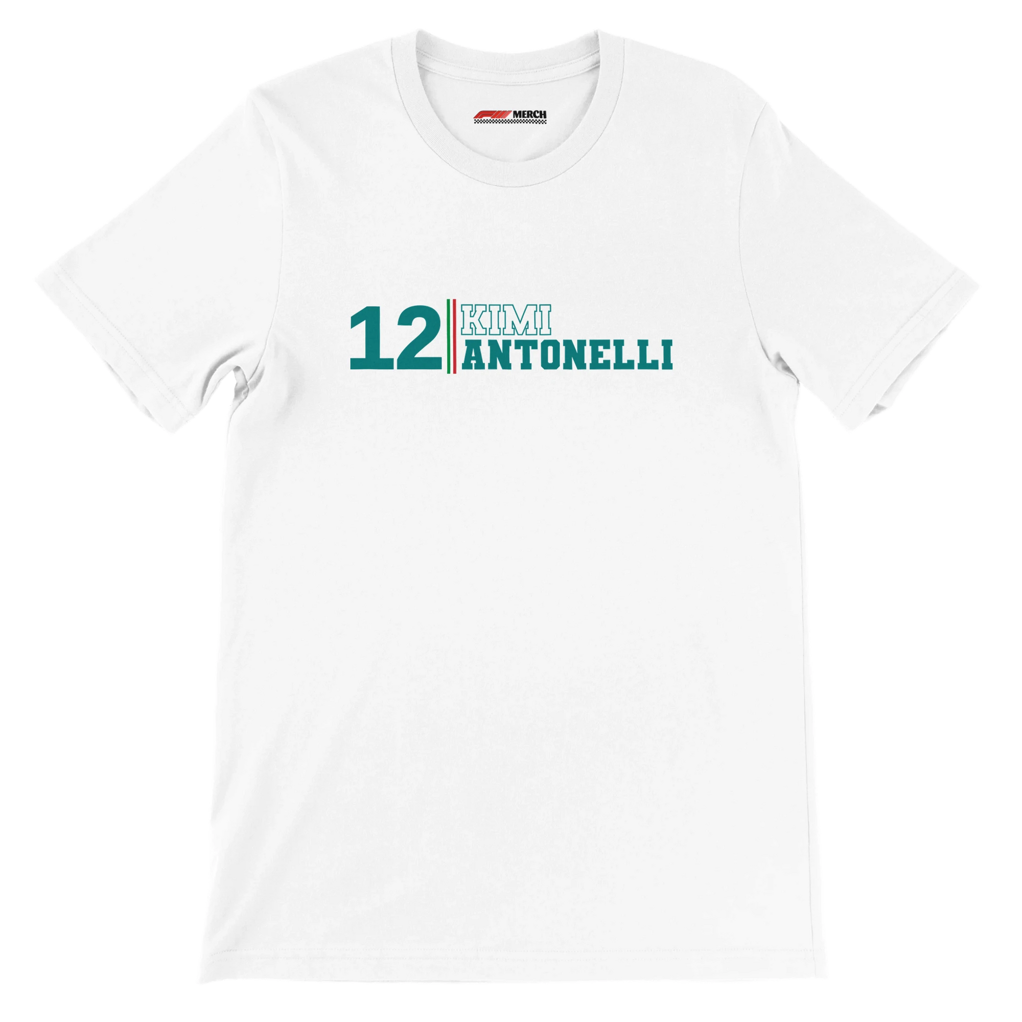 f111 merch white color t-shirt with kimi-antonelli branding.