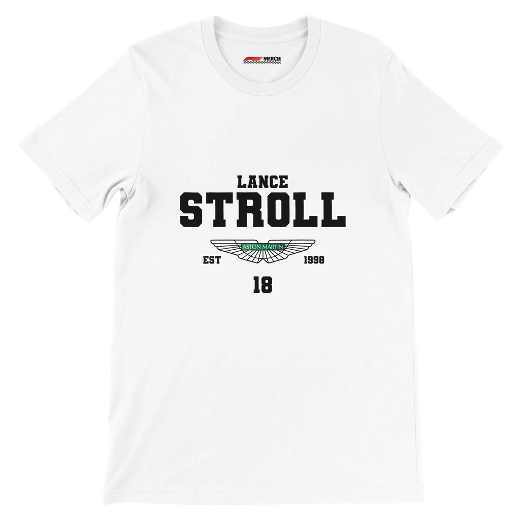 f111 merch white color t-shirt with lance-stroll branding.