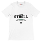 f111 merch white color t-shirt with lance-stroll branding.