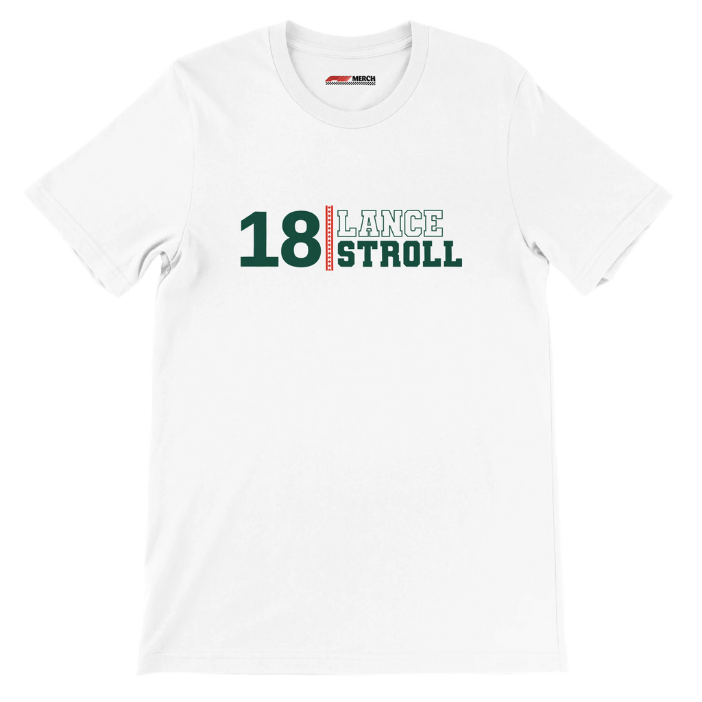f111 merch white color t-shirt with lance-stroll branding.