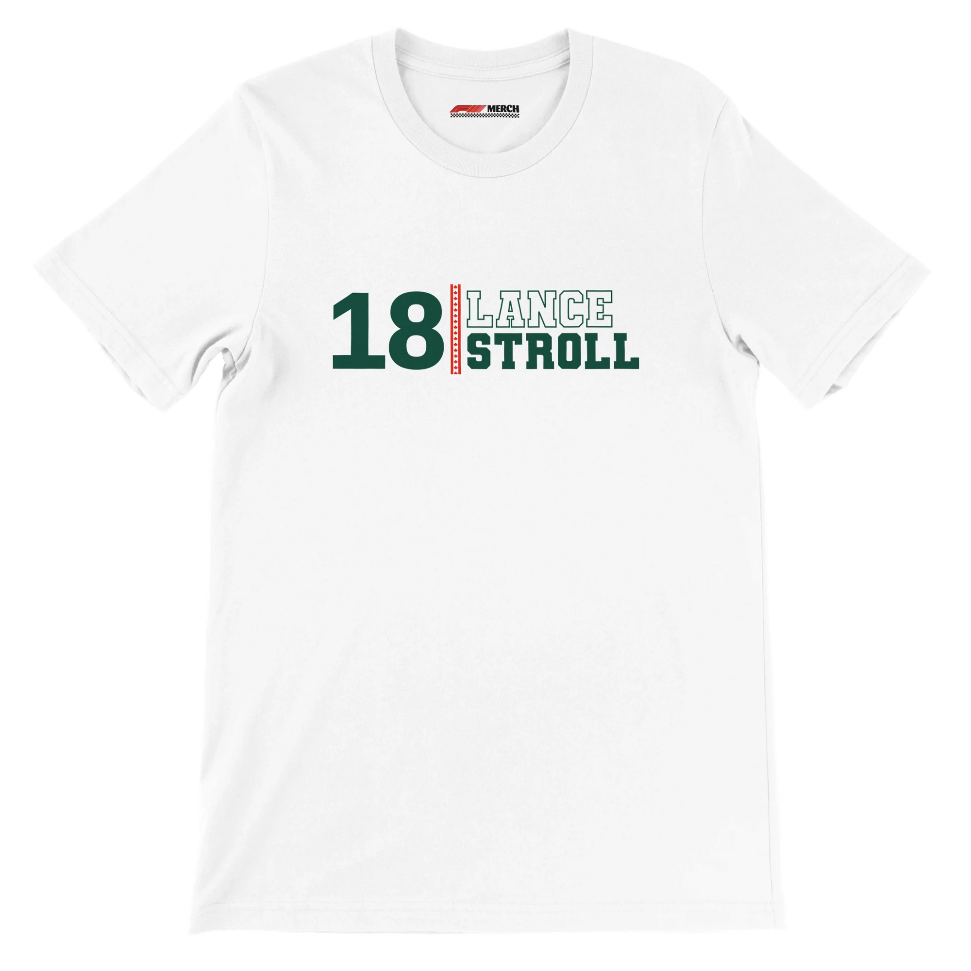 f111 merch white color t-shirt with lance-stroll branding.