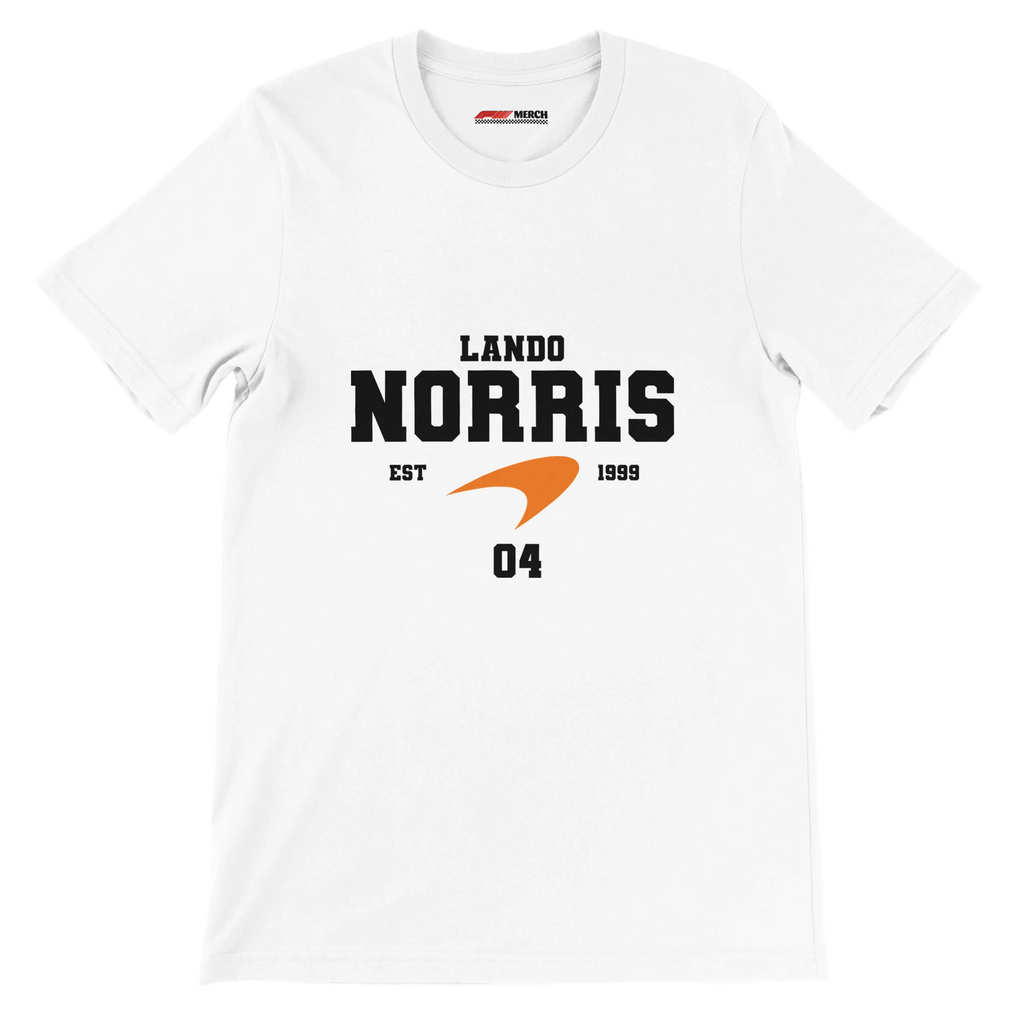 f111 merch white color t-shirt with lando-norris branding.