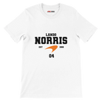 f111 merch white color t-shirt with lando-norris branding.