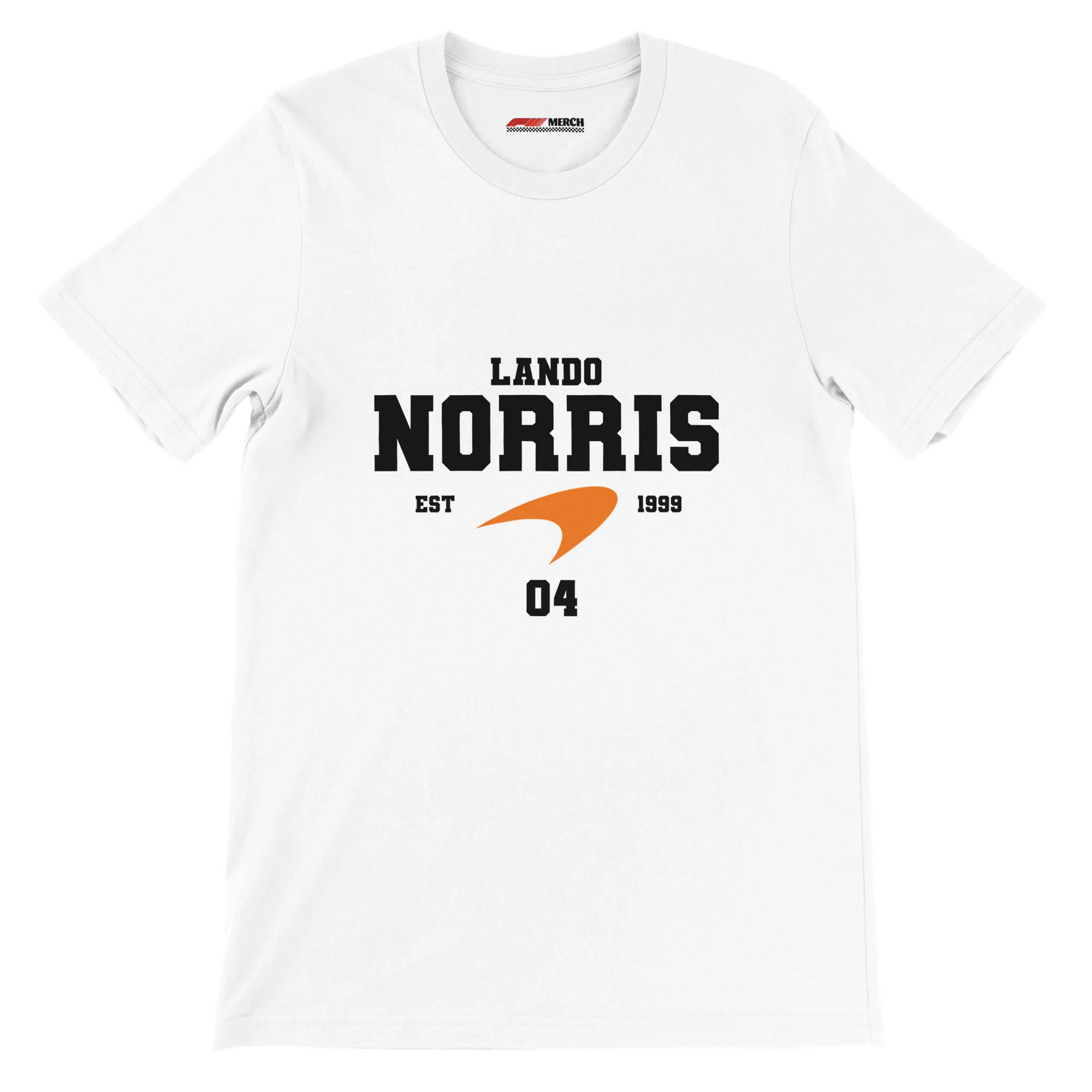 f111 merch white color t-shirt with lando-norris branding.