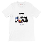 f111 merch white color t-shirt with lawson branding.