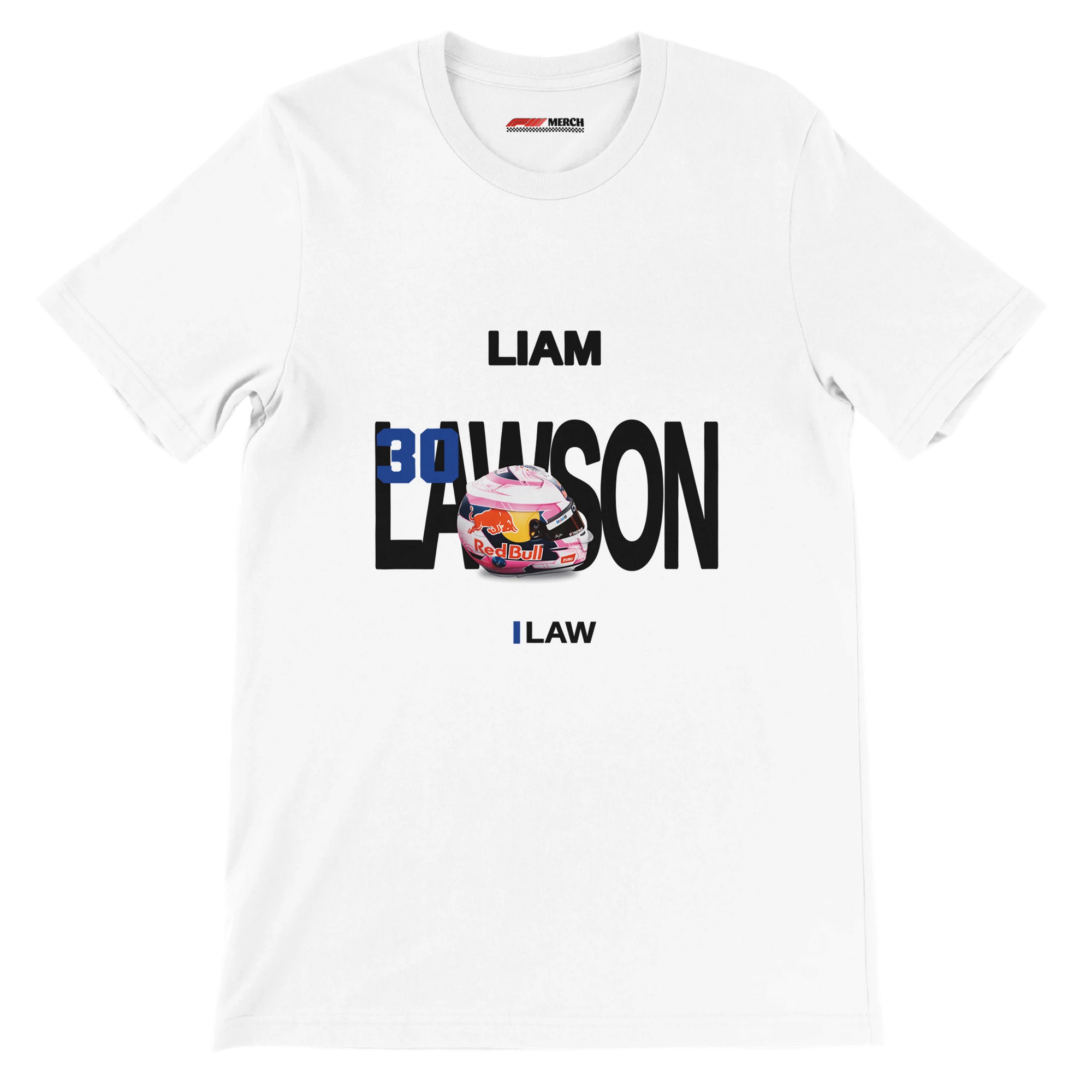 f111 merch white color t-shirt with lawson branding.