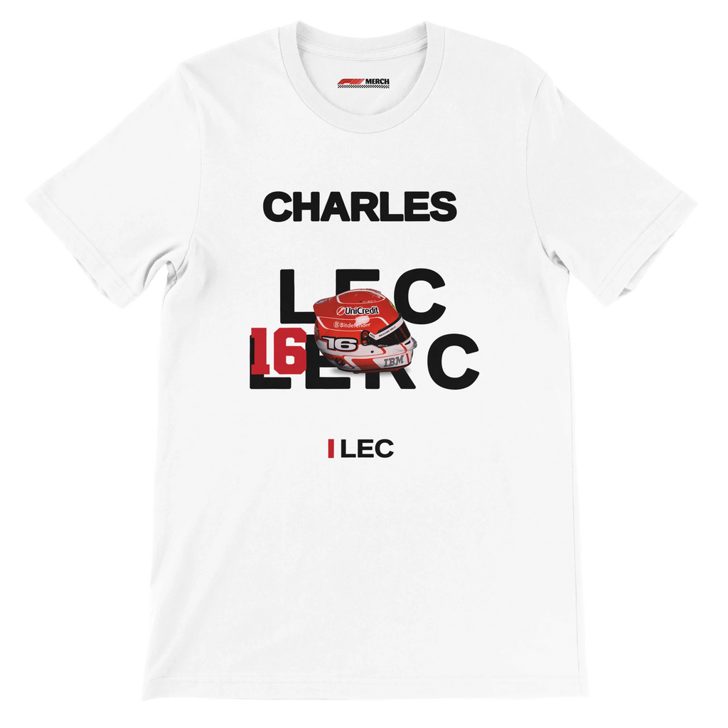 f111 merch white color t-shirt with leclerc branding.