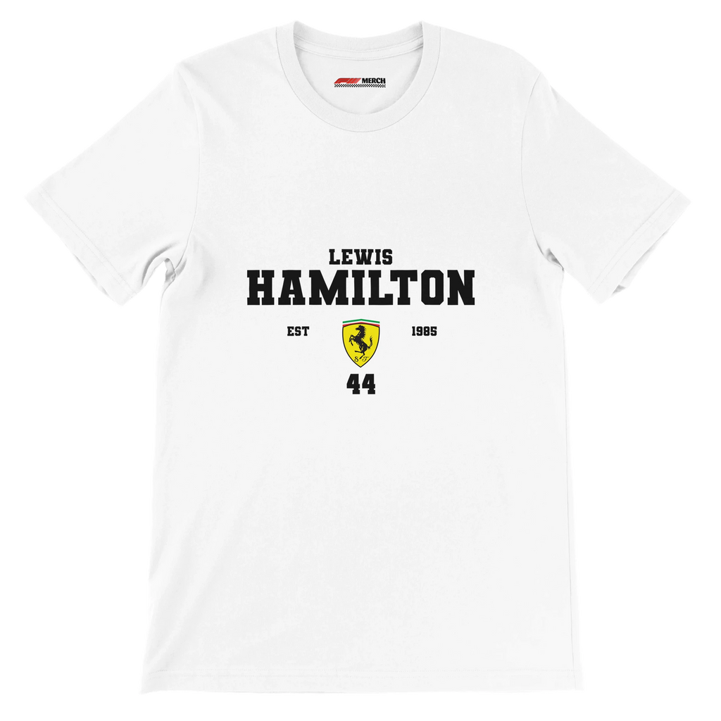 f111 merch white color t-shirt with lewis-hamilton branding.