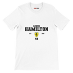 f111 merch white color t-shirt with lewis-hamilton branding.