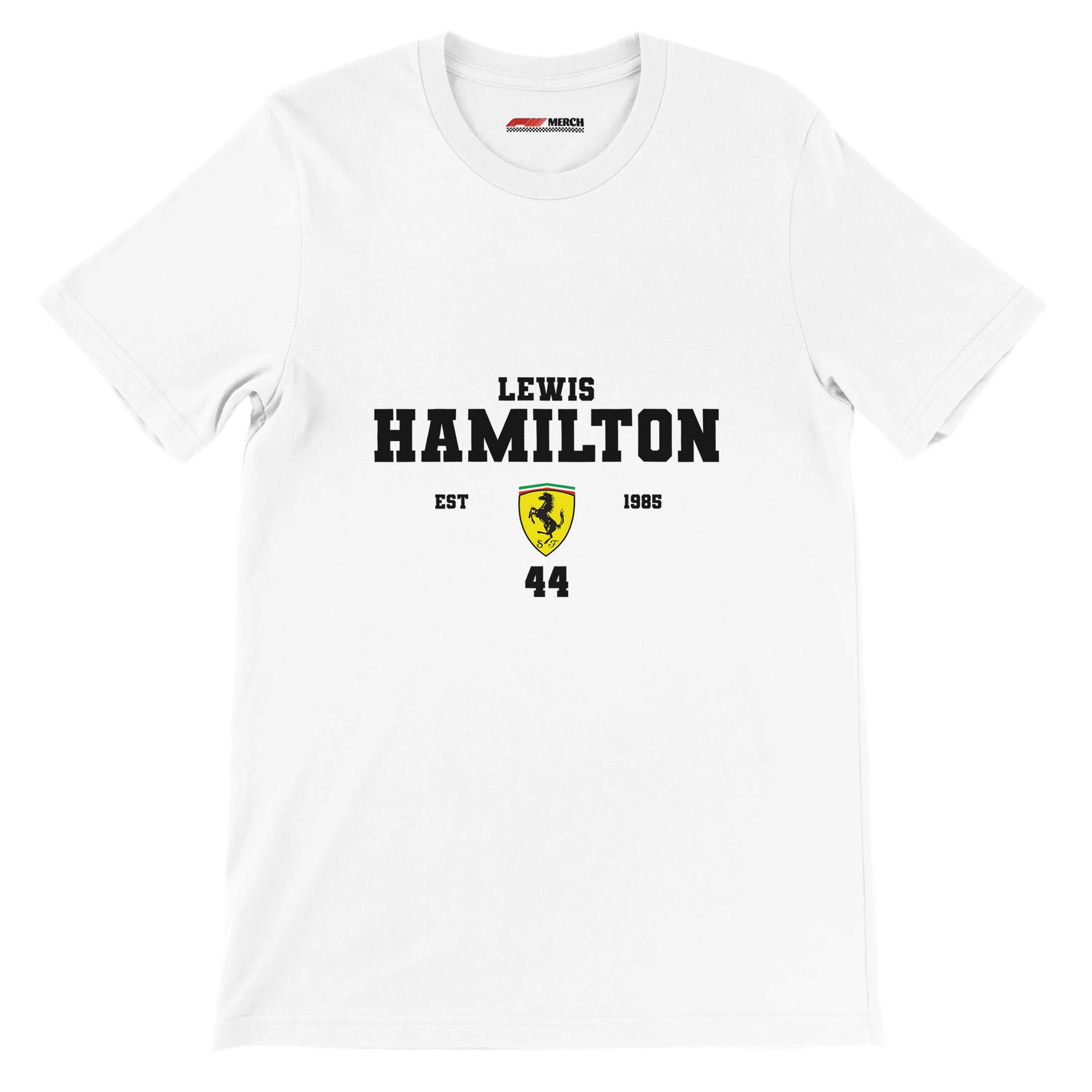 f111 merch white color t-shirt with lewis-hamilton branding.