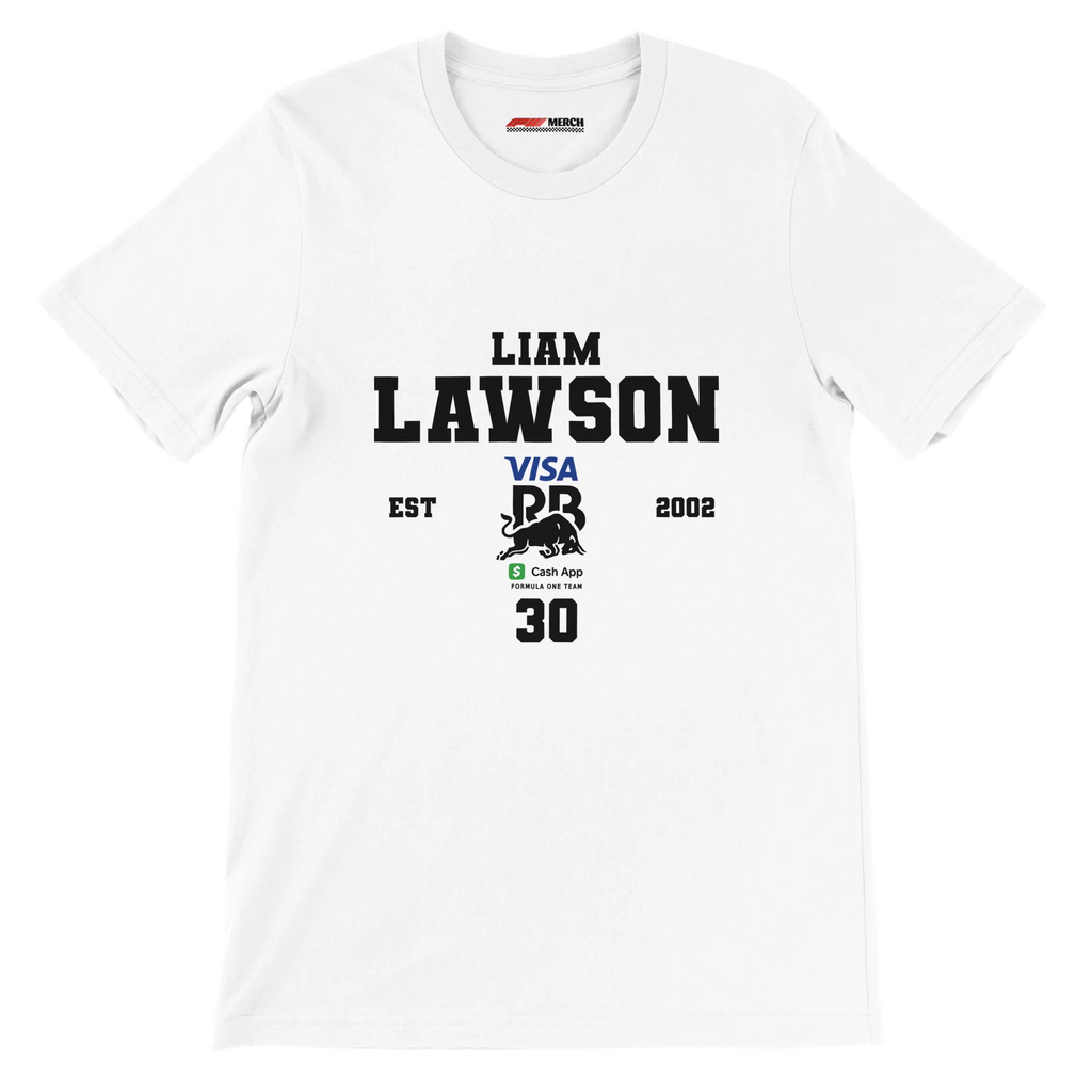 f111 merch white color t-shirt with liam-lawson branding.