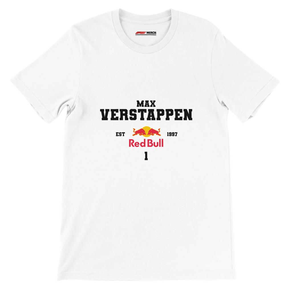 f111 merch white color t-shirt with max-verstappen branding.