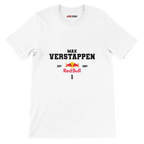 f111 merch white color t-shirt with max-verstappen branding.