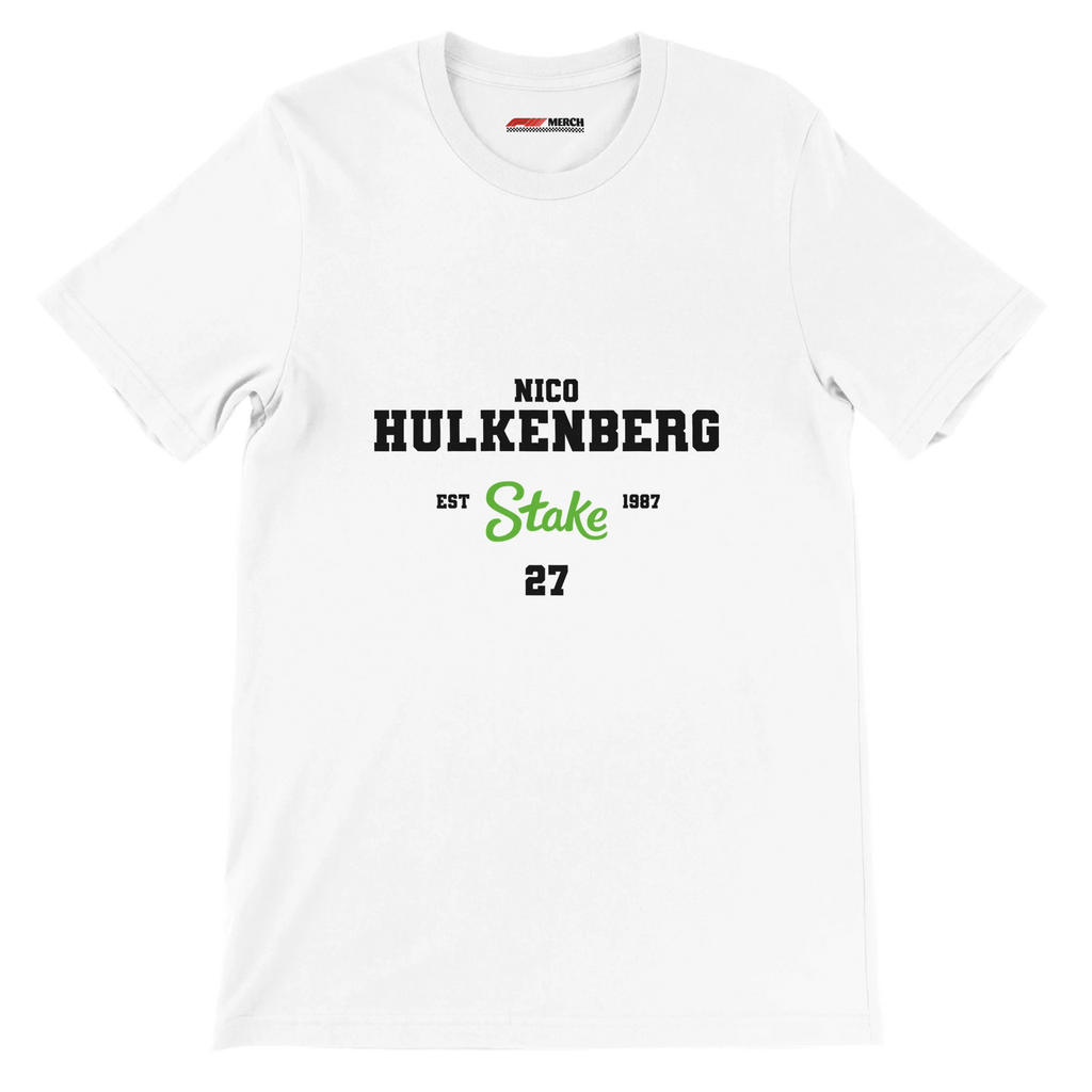 f111 merch white color t-shirt with nico-hulkenberg branding.