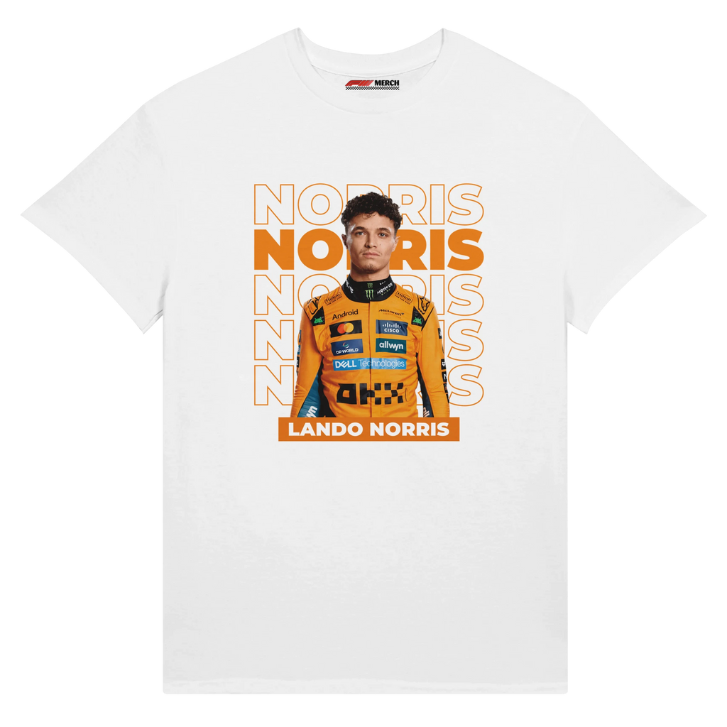 f111 merch white color t-shirt with norris branding.
