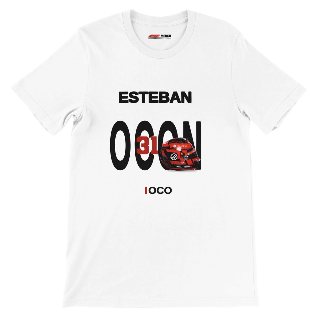 f111 merch white color t-shirt with ocon branding.