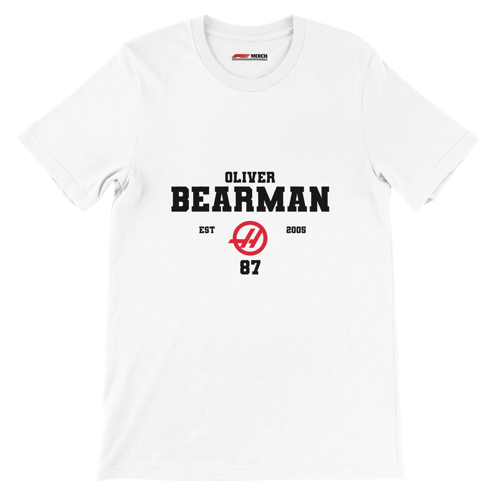 f111 merch white color t-shirt with oliver-bearman branding.