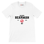 f111 merch white color t-shirt with oliver-bearman branding.