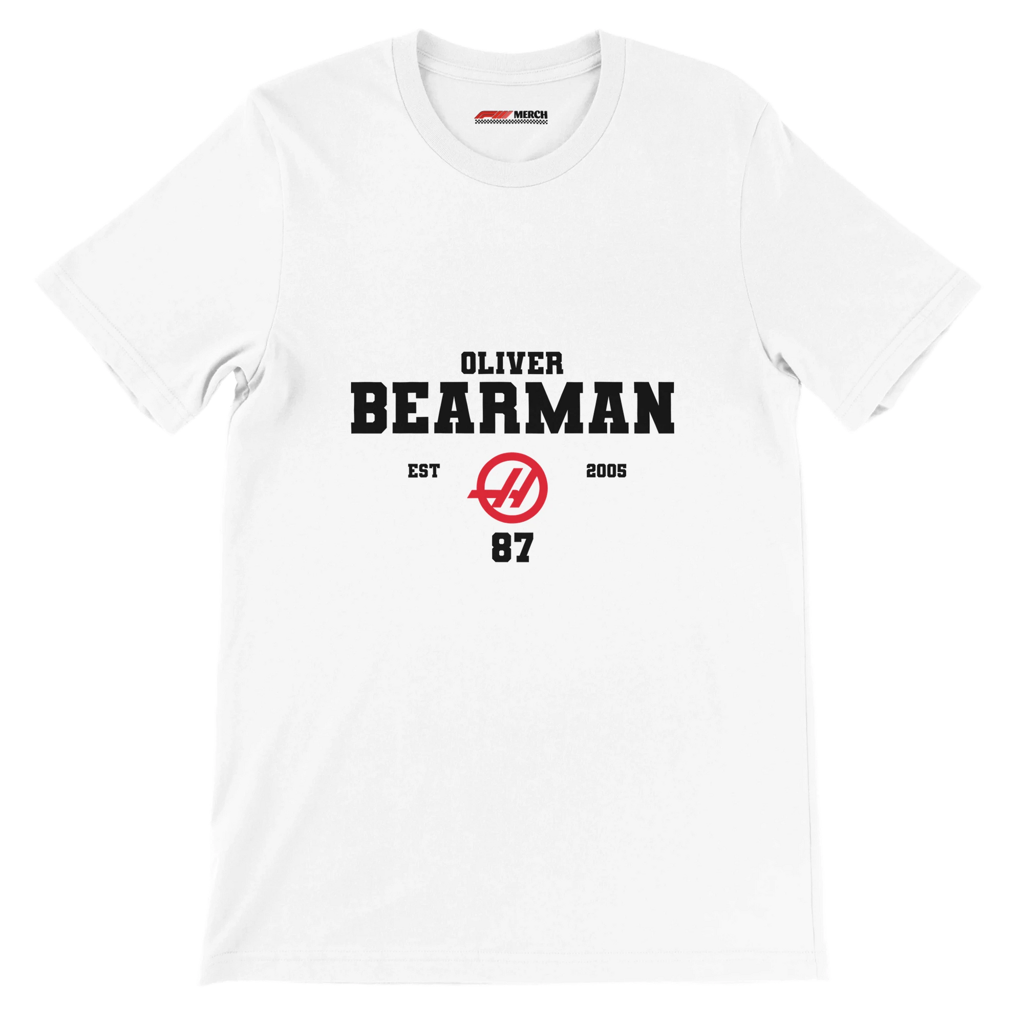 f111 merch white color t-shirt with oliver-bearman branding.
