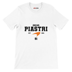 f111 merch white color t-shirt with oscar-piastri branding.