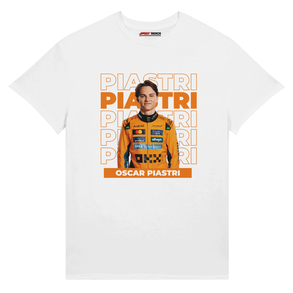f111 merch white color t-shirt with piastri branding.