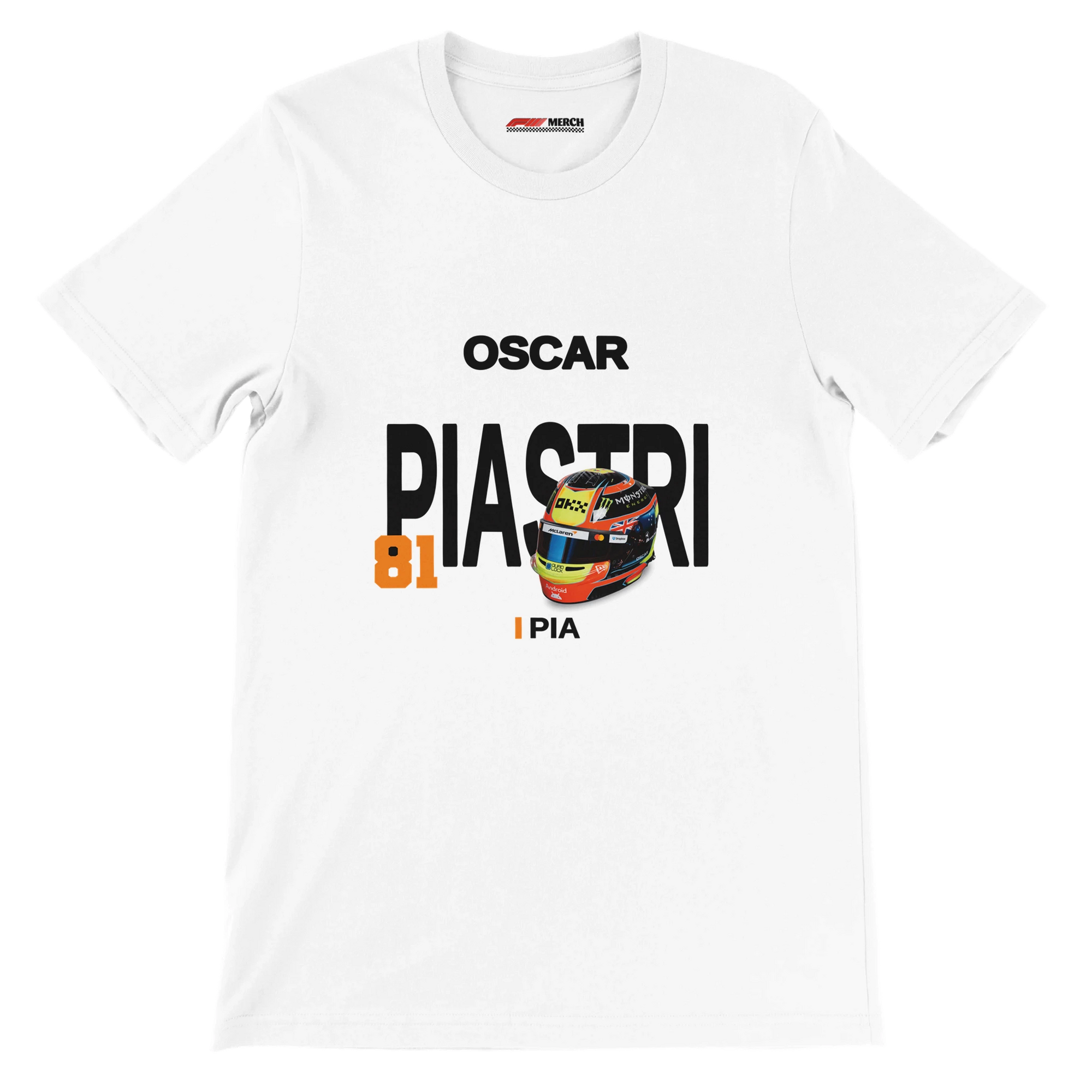 f111 merch white color t-shirt with piastri branding.